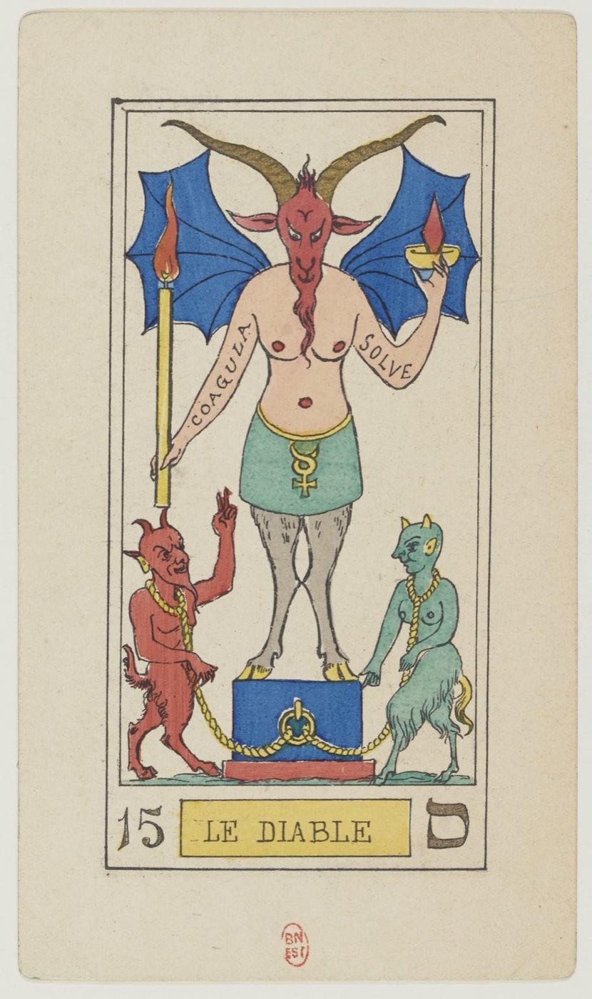 The Devil in Oswald Wirth’s original 1889 Major Arcana: binding force, two or more bound participants, bonds visibly removable or chosen, seductive material power