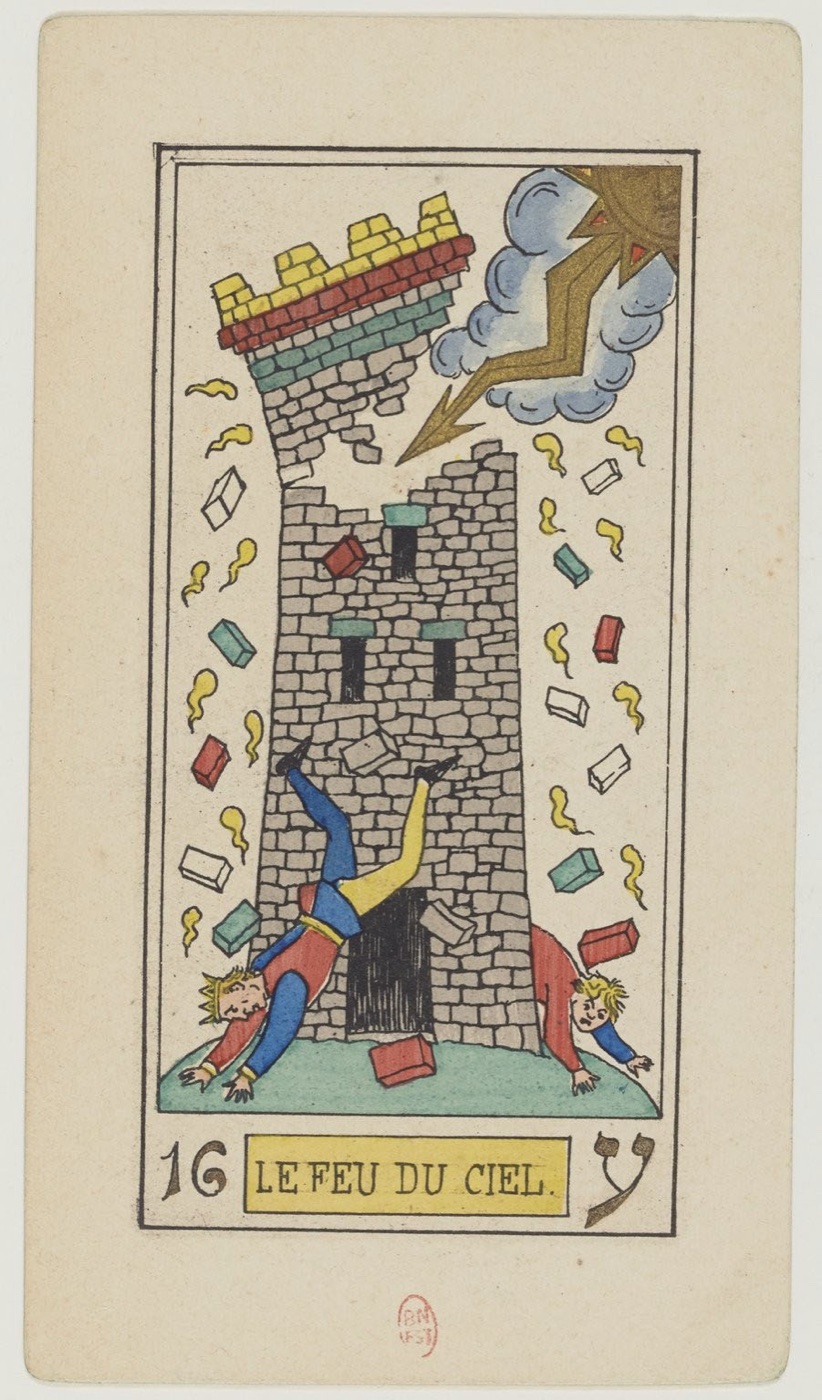 The Tower in Oswald Wirth’s original 1889 Major Arcana: tall false structure ruptured from above, sudden destructive force, figures or contents expelled, rejected crown or authority