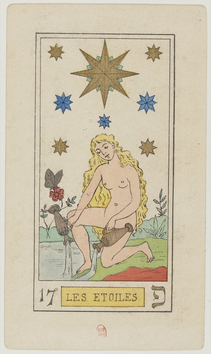 The Star in Oswald Wirth’s original 1889 Major Arcana: one flow returned to shared water, one flow given to land, open or unguarded figure, one dominant star with seven companions