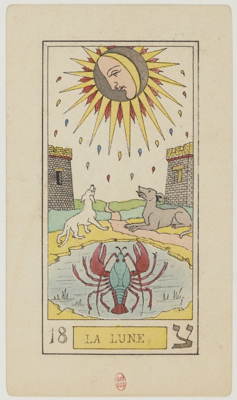 The Moon in Oswald Wirth’s original 1889 Major Arcana: path into uncertainty, two opposing guardians, wild and domesticated instinct or equivalents, something emerging from deep water
