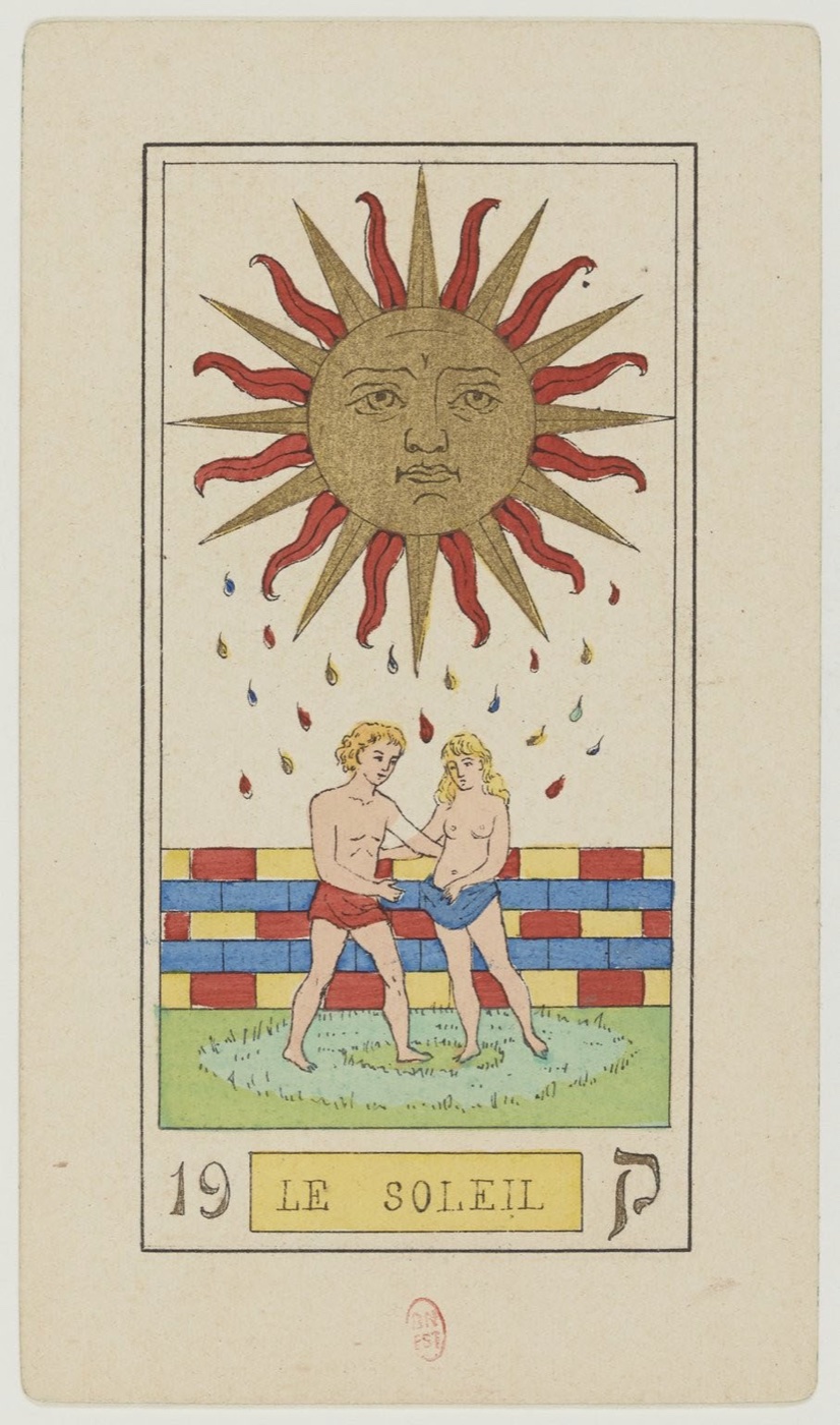 The Sun in Oswald Wirth’s original 1889 Major Arcana: dominant sun, unconcealed joyful figure, living growth, open safe boundary