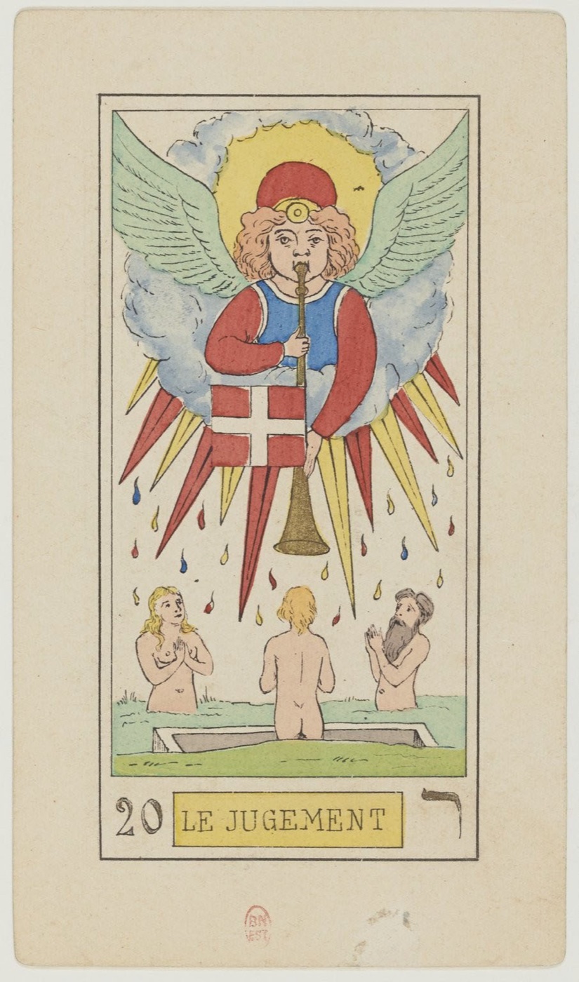 Judgement in Oswald Wirth’s original 1889 Major Arcana: summoning signal, multiple figures awakening or rising, past released into new awareness, collective reckoning