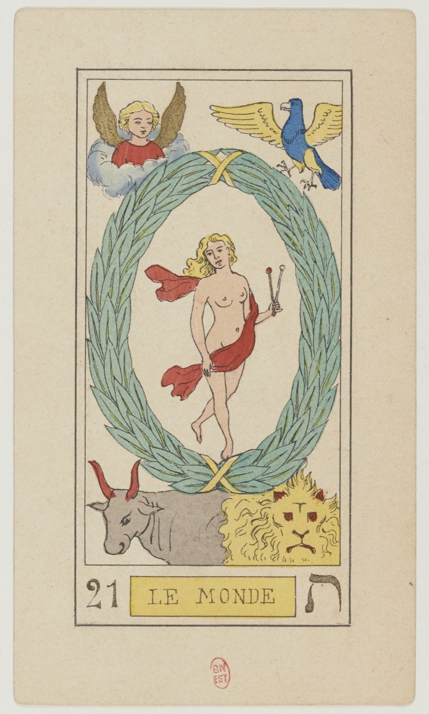 The World in Oswald Wirth’s original 1889 Major Arcana: central free-moving figure, enclosing living oval, two balanced instruments, four corner witnesses