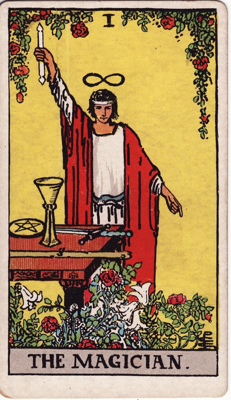 The Magician in the Waite–Smith 1909 deck: one hand or force above and one below, working surface, all four suit tools or clear equivalents, focused maker