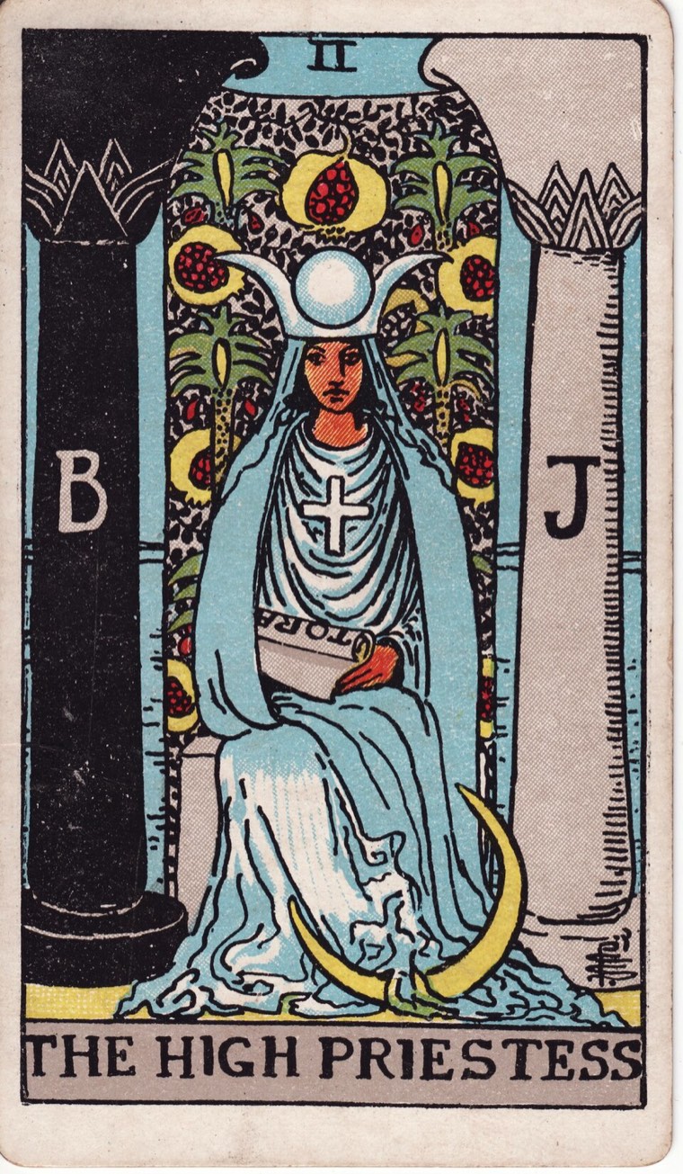 The High Priestess in the Waite–Smith 1909 deck: guardian between polar forces, partly concealed knowledge, lunar or tidal cue, veil or threshold