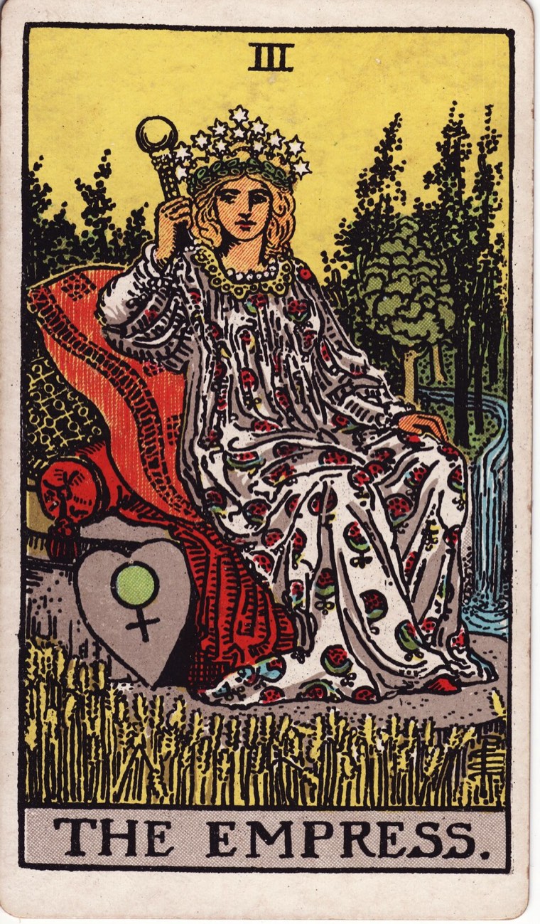 The Empress in the Waite–Smith 1909 deck: abundant living environment, receptive creative authority, fertility or growth without requiring pregnancy, physical comfort
