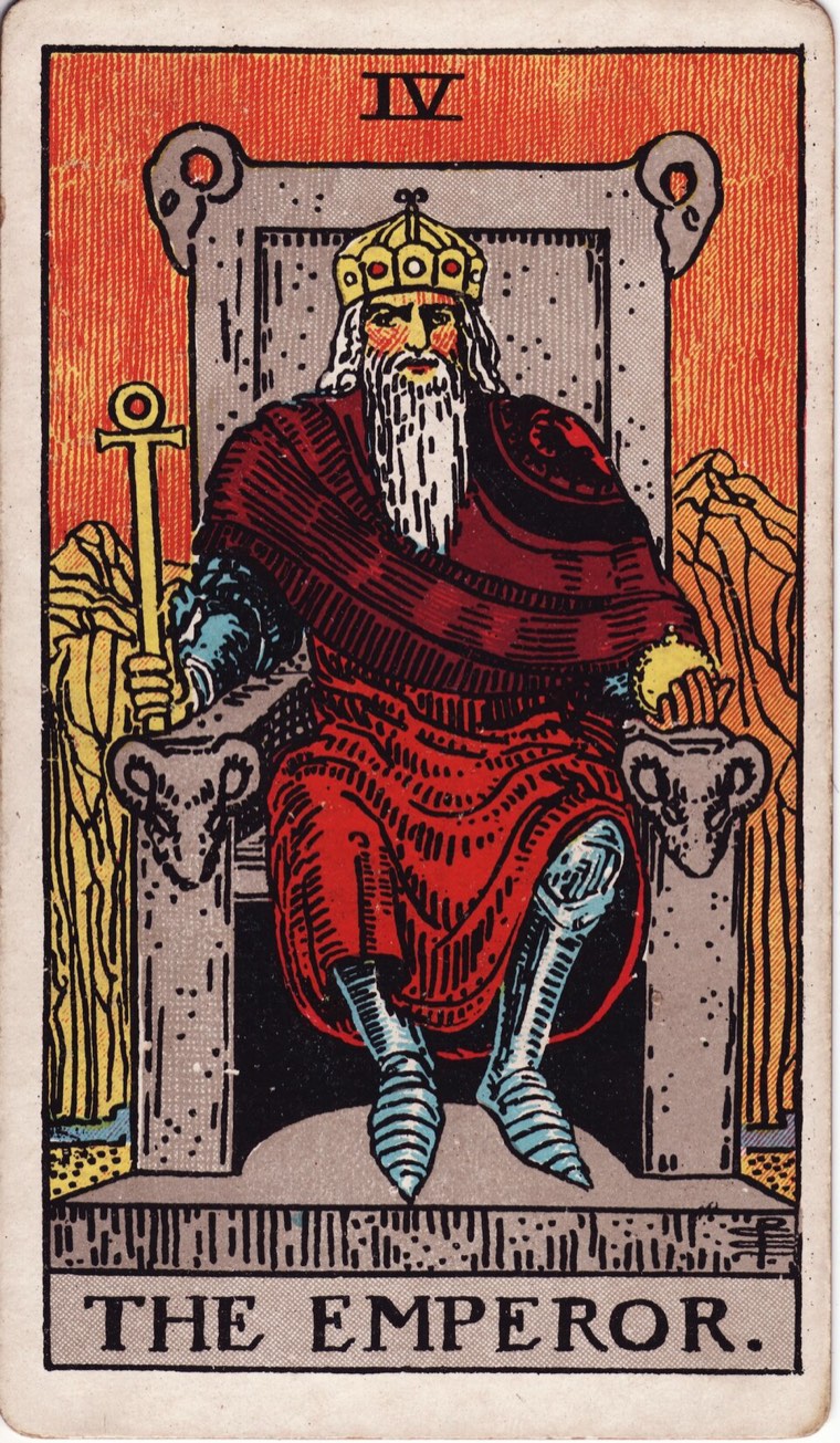 The Emperor in the Waite–Smith 1909 deck: commanding stable seat or position, structured landscape, protective or governing authority, contained power