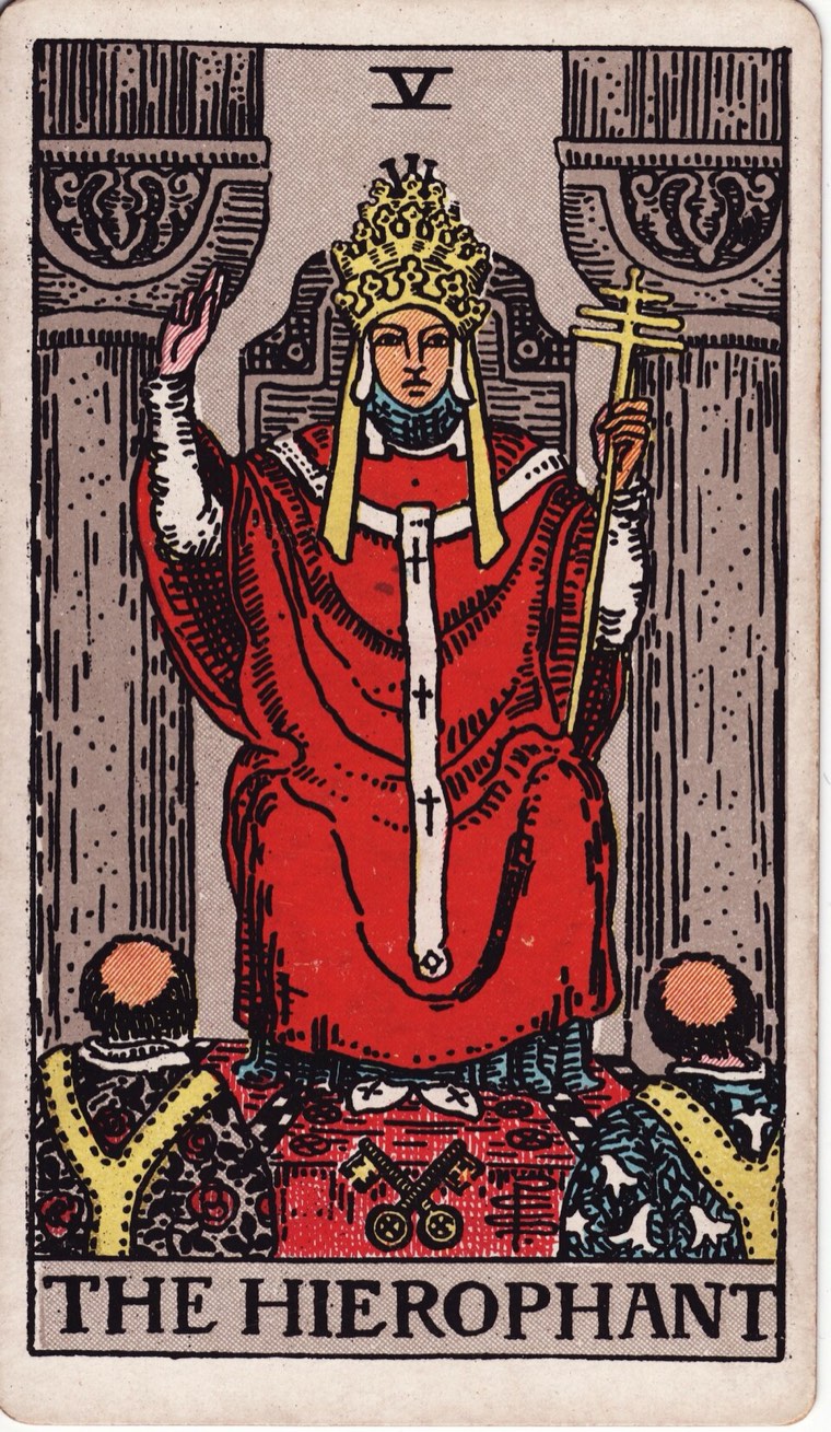 The Hierophant in the Waite–Smith 1909 deck: teacher or keeper of tradition, learners or community, formal transmission, shared code or ritual structure