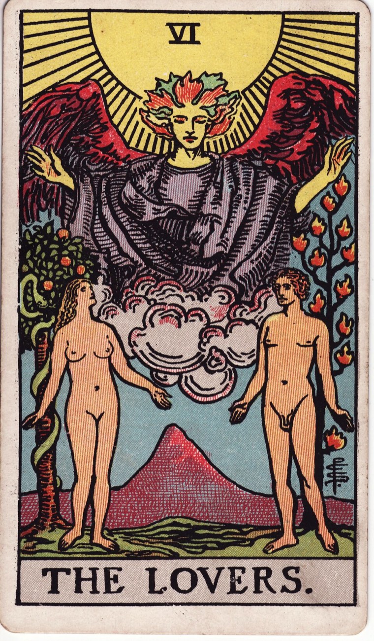 The Lovers in the Waite–Smith 1909 deck: two equal adults in consequential relation, visible choice or openness, larger witnessing force, contrasting growth and fire or equivalents