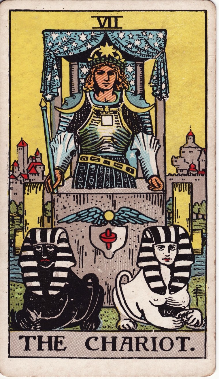 The Chariot in the Waite–Smith 1909 deck: driver or directing figure, vehicle or movement structure, two opposing forces, forward intention