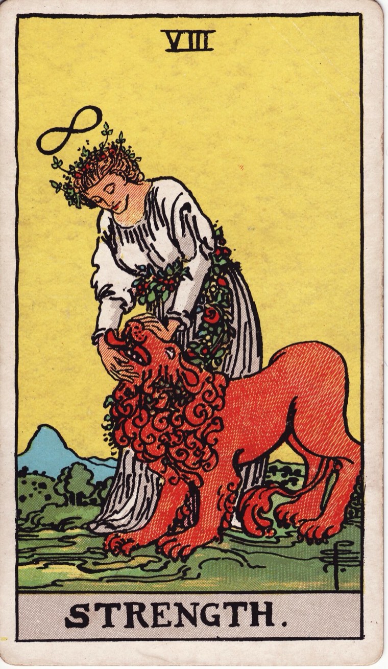 Strength in the Waite–Smith 1909 deck: human and powerful animal in peaceful contact, gentle control, visible trust, calm courage