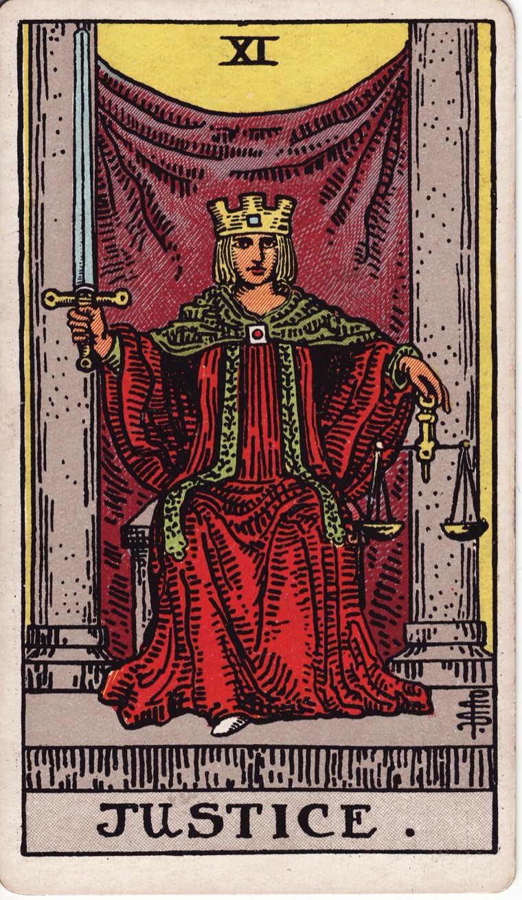 Justice in the Waite–Smith 1909 deck: balanced weighing device or equivalent, decisive blade or instrument, frontal accountable posture, symmetry or equilibrium