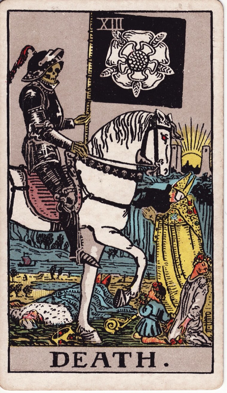 Death in the Waite–Smith 1909 deck: impartial transformative force, varied human responses, clear ending or dissolution, renewal visible beyond