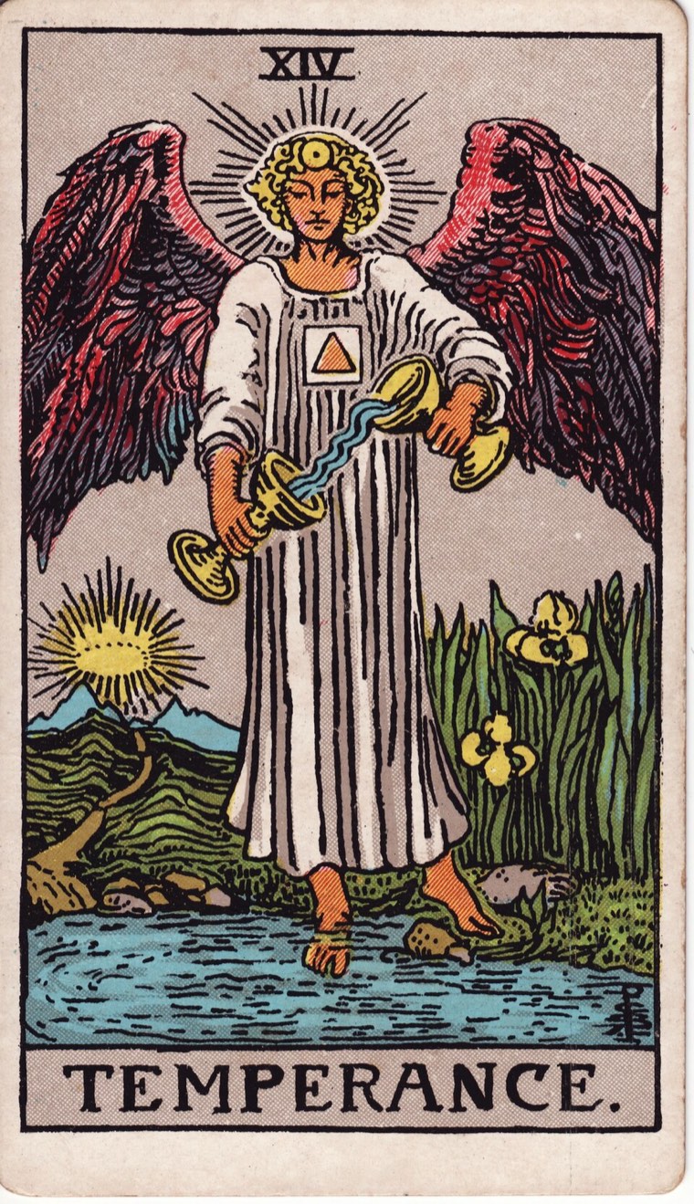 Temperance in the Waite–Smith 1909 deck: two vessels or sources exchanging flow, one foot in each domain or equivalent, measured transformation, path toward illumination