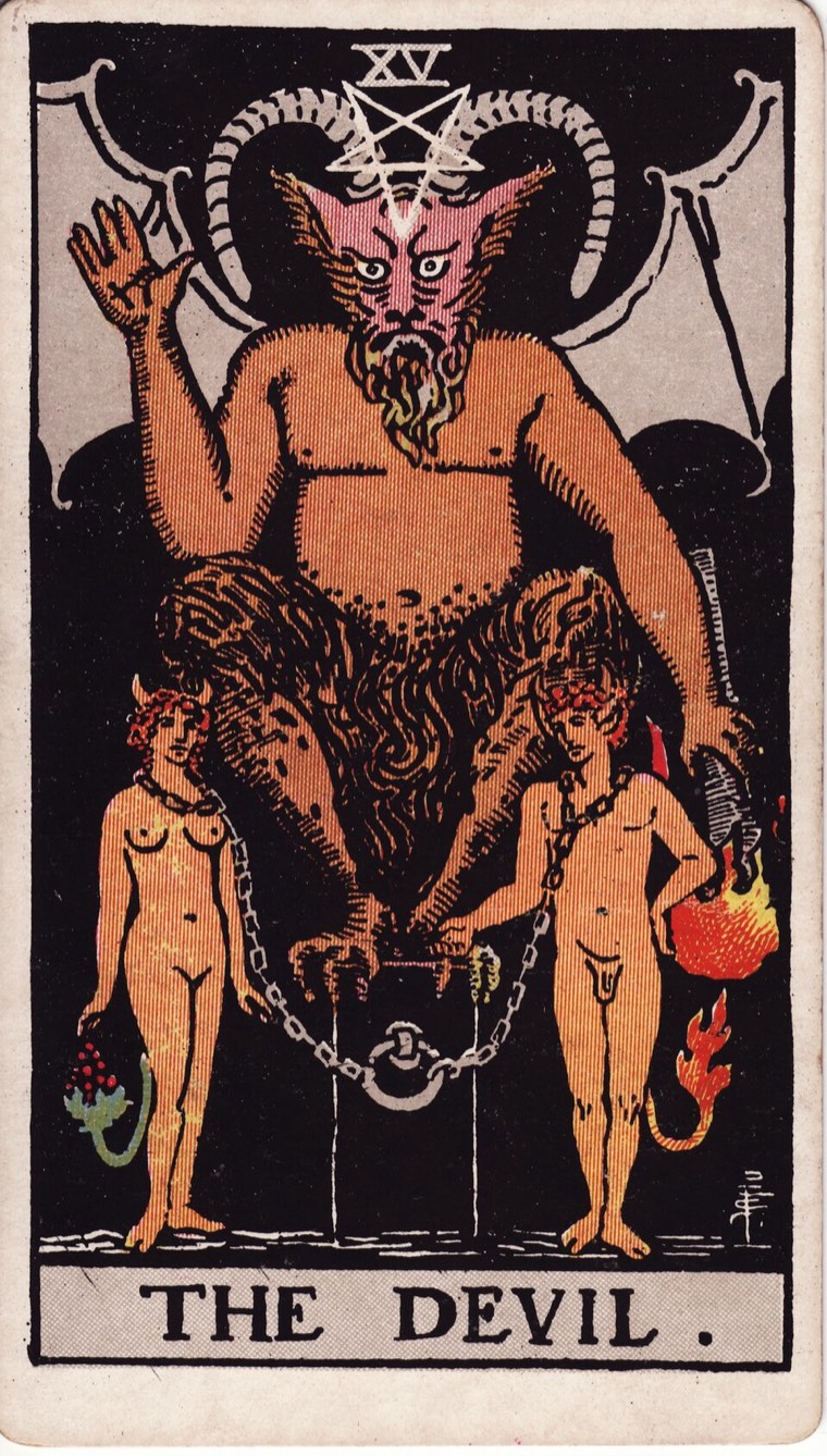 The Devil in the Waite–Smith 1909 deck: binding force, two or more bound participants, bonds visibly removable or chosen, seductive material power