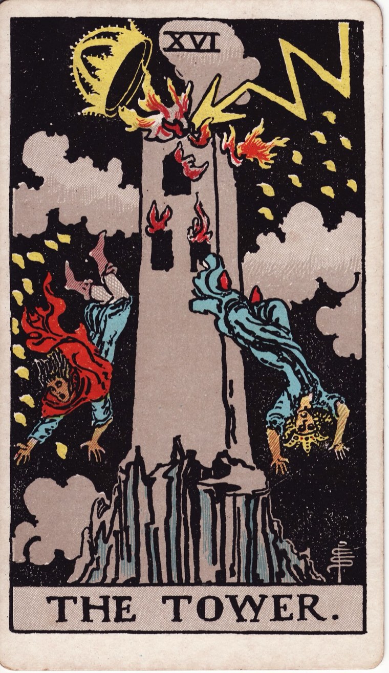 The Tower in the Waite–Smith 1909 deck: tall false structure ruptured from above, sudden destructive force, figures or contents expelled, rejected crown or authority