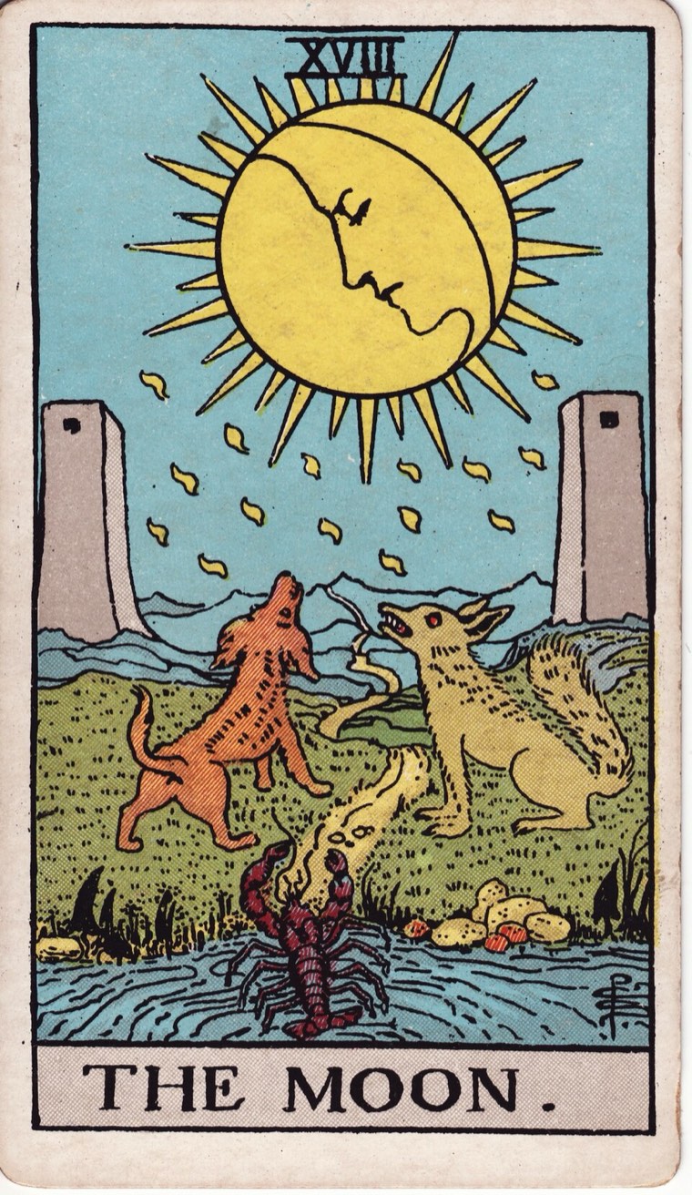 The Moon in the Waite–Smith 1909 deck: path into uncertainty, two opposing guardians, wild and domesticated instinct or equivalents, something emerging from deep water