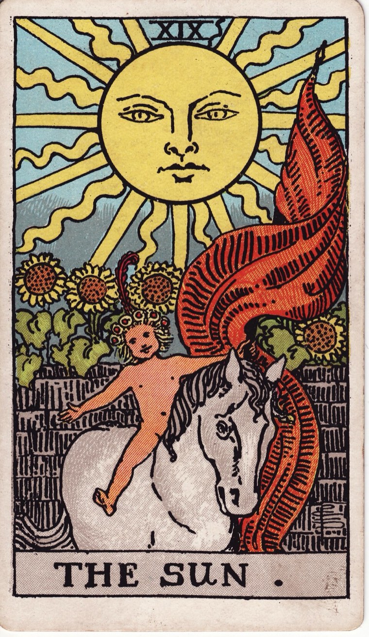 The Sun in the Waite–Smith 1909 deck: dominant sun, unconcealed joyful figure, living growth, open safe boundary