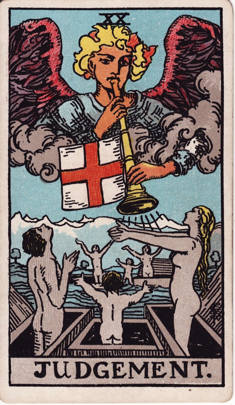Judgement in the Waite–Smith 1909 deck: summoning signal, multiple figures awakening or rising, past released into new awareness, collective reckoning