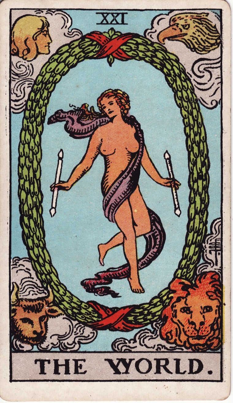 The World in the Waite–Smith 1909 deck: central free-moving figure, enclosing living oval, two balanced instruments, four corner witnesses