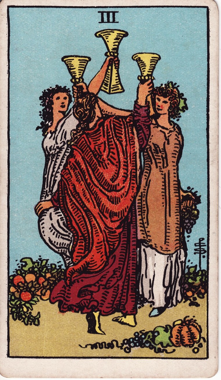 Three of Cups in the Waite–Smith 1909 deck: three participants celebrating together, raised vessels, harvest or abundance