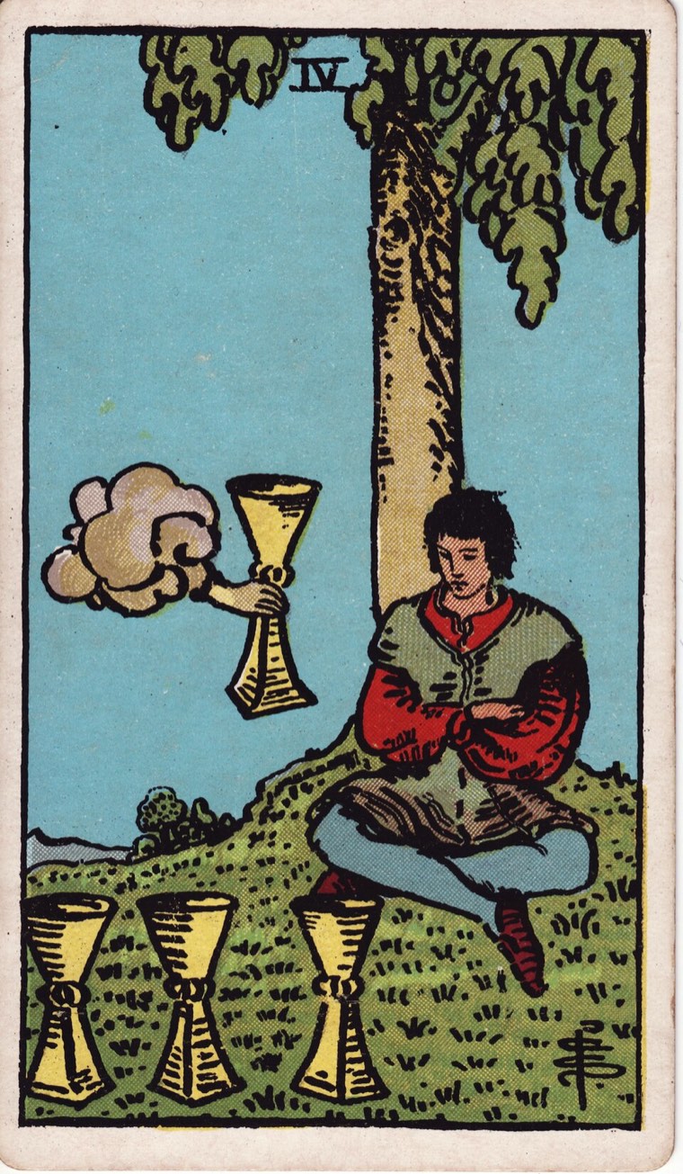 Four of Cups in the Waite–Smith 1909 deck: withdrawn figure, three known cups, one newly offered cup, refusal or contemplation
