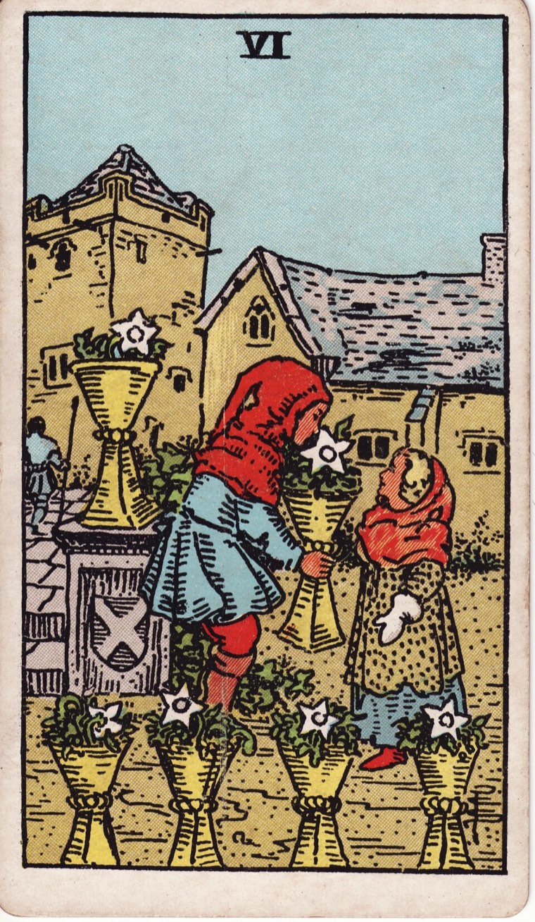 Six of Cups in the Waite–Smith 1909 deck: gift or exchange, younger selves or past atmosphere, cups containing living growth