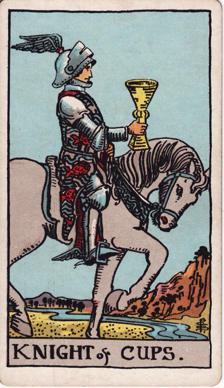 Knight of Cups in the Waite–Smith 1909 deck: mounted or traveling emissary, one offered cup, measured graceful movement