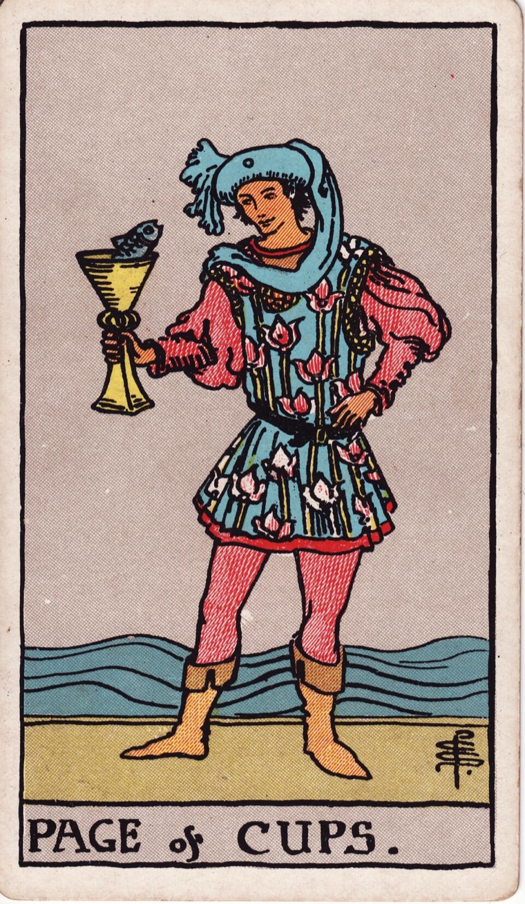 Page of Cups in the Waite–Smith 1909 deck: young or novice messenger, one cup, surprising living message from cup or equivalent