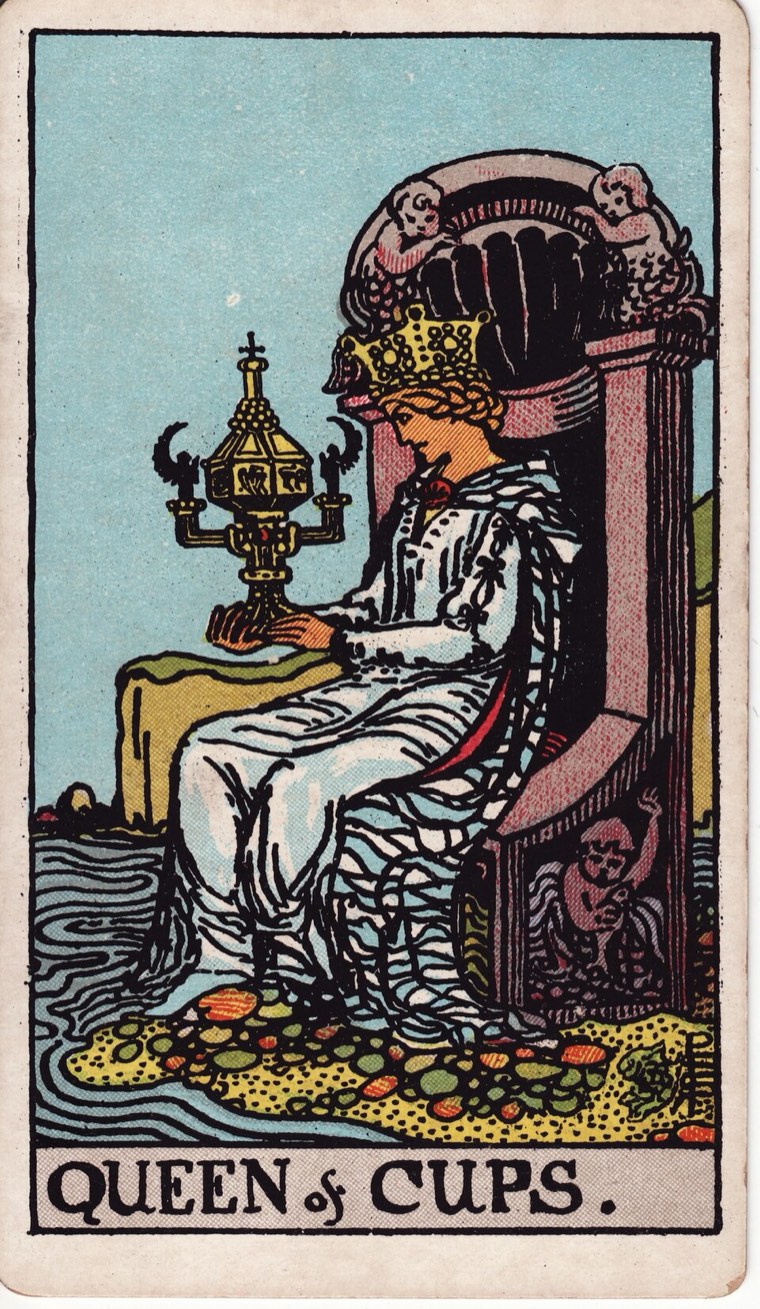 Queen of Cups in the Waite–Smith 1909 deck: contemplative emotional authority, one distinctive closed or precious cup, proximity to water, receptive posture