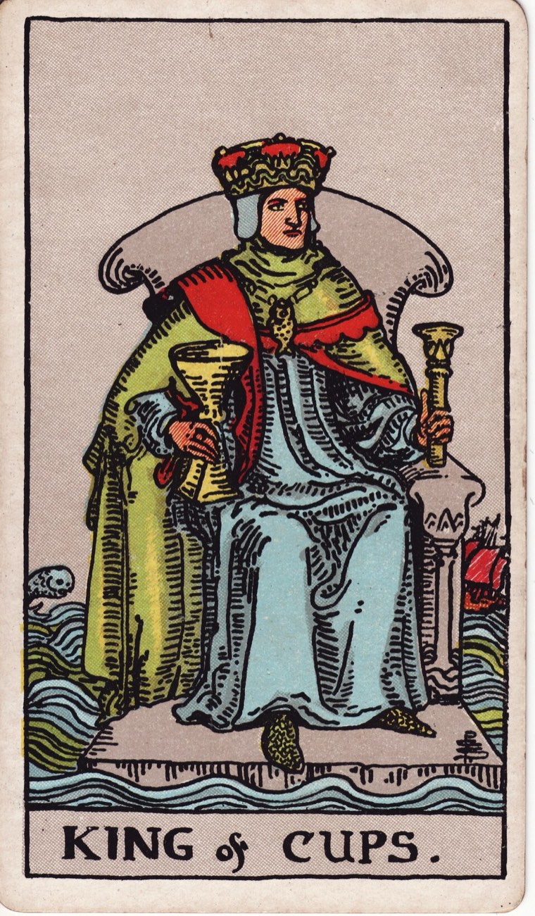 King of Cups in the Waite–Smith 1909 deck: calm authority amid moving water or emotion, one cup, one instrument of agency, stable posture