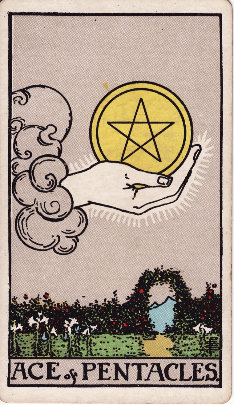 Ace of Pentacles in the Waite–Smith 1909 deck: one offered coin or earth token, fertile garden or ground, path toward material structure
