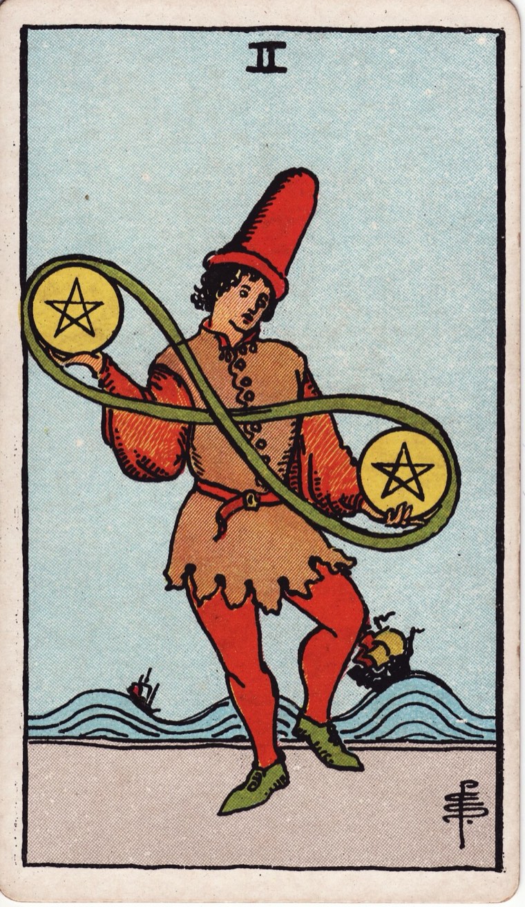Two of Pentacles in the Waite–Smith 1909 deck: figure actively balancing two coins, loop connecting coins, unstable movement behind