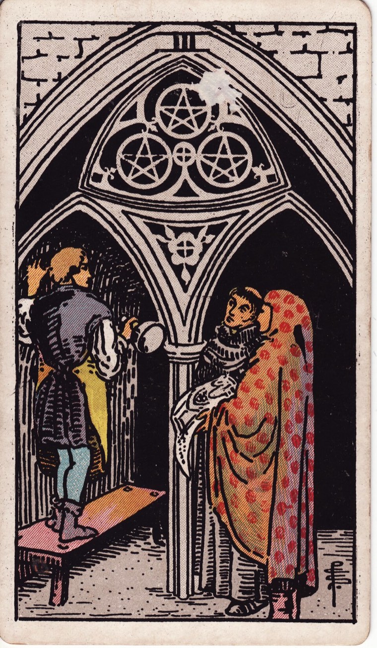 Three of Pentacles in the Waite–Smith 1909 deck: craftsperson and collaborators reviewing work, built structure, three integrated coins