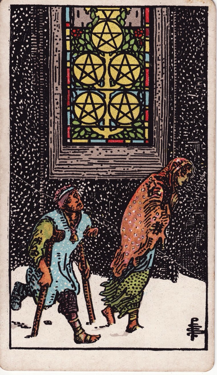 Five of Pentacles in the Waite–Smith 1909 deck: two struggling figures, warmth or sanctuary visible but not accessed, five coins in shelter symbol