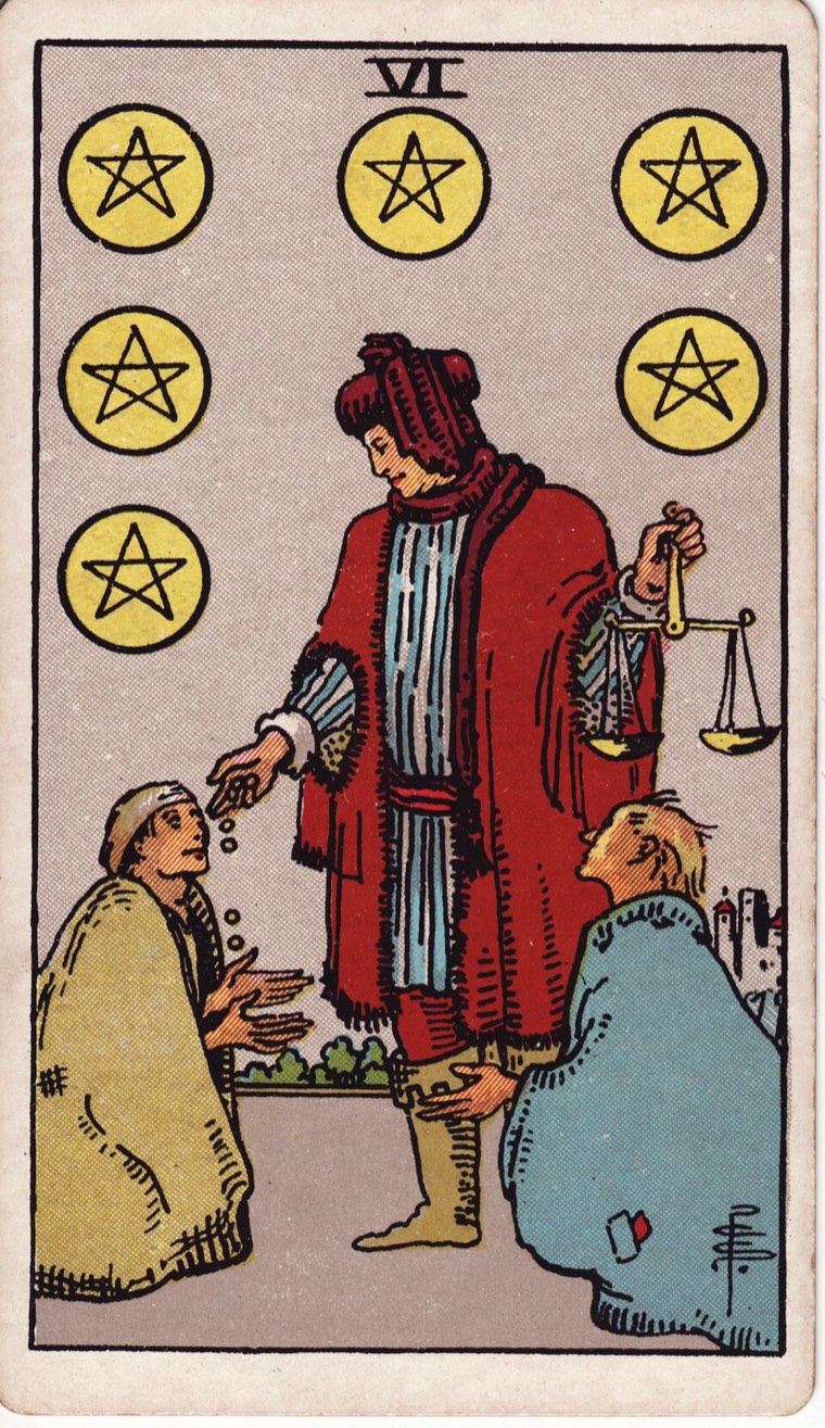 Six of Pentacles in the Waite–Smith 1909 deck: giver and receivers, weighing device, six coins distributed or displayed, visible power asymmetry