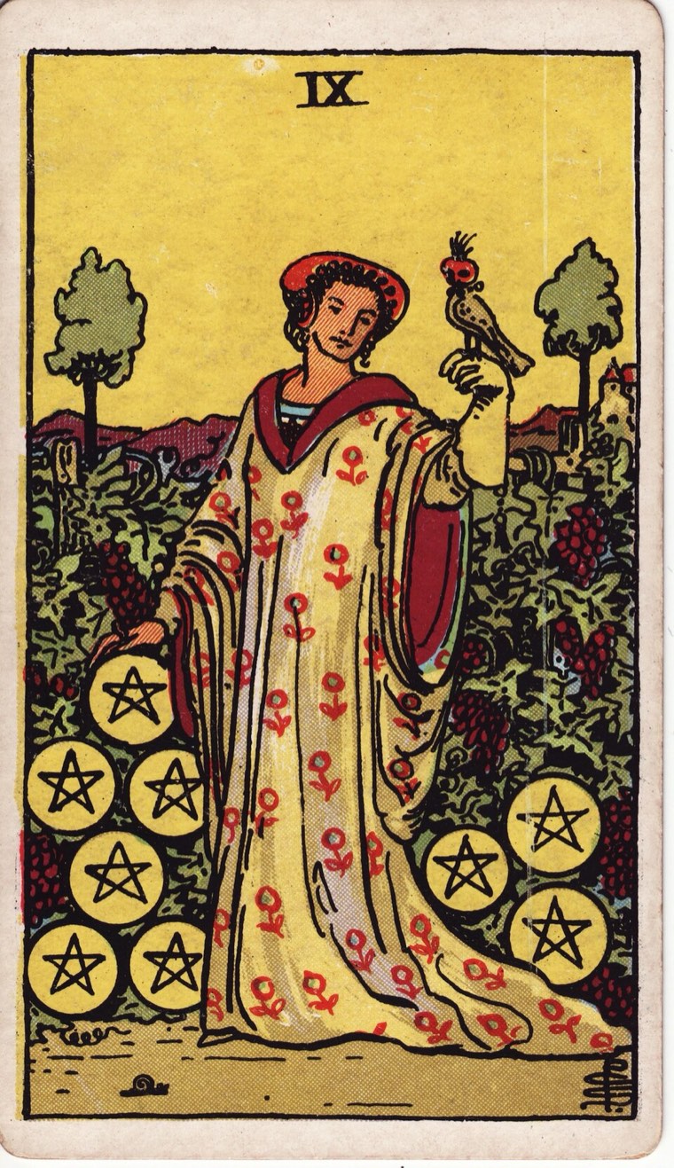 Nine of Pentacles in the Waite–Smith 1909 deck: self-possessed solitary figure, cultivated garden, nine coins, trained bird or disciplined nature cue