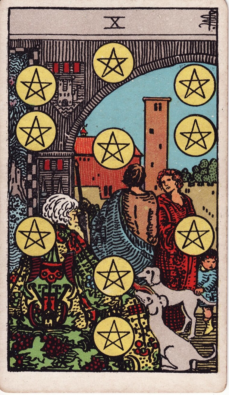 Ten of Pentacles in the Waite–Smith 1909 deck: multiple generations or legacy system, home or established community, ten coins integrated as enduring pattern