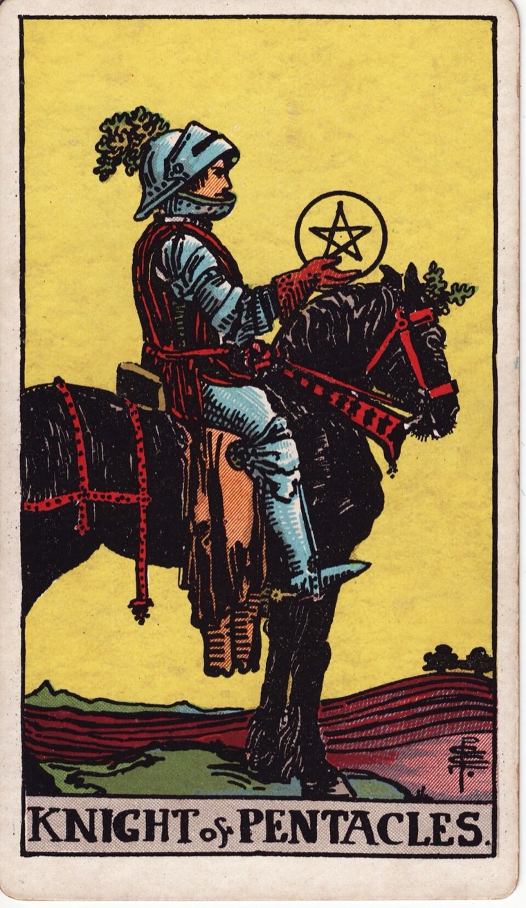 Knight of Pentacles in the Waite–Smith 1909 deck: mounted or traveling worker at rest, one carefully held coin, prepared field, deliberate pace