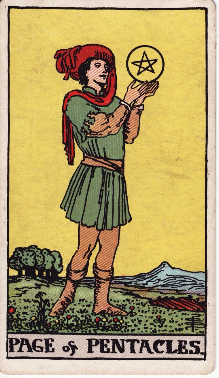 Page of Pentacles in the Waite–Smith 1909 deck: young or novice student, one coin examined carefully, fertile grounded landscape