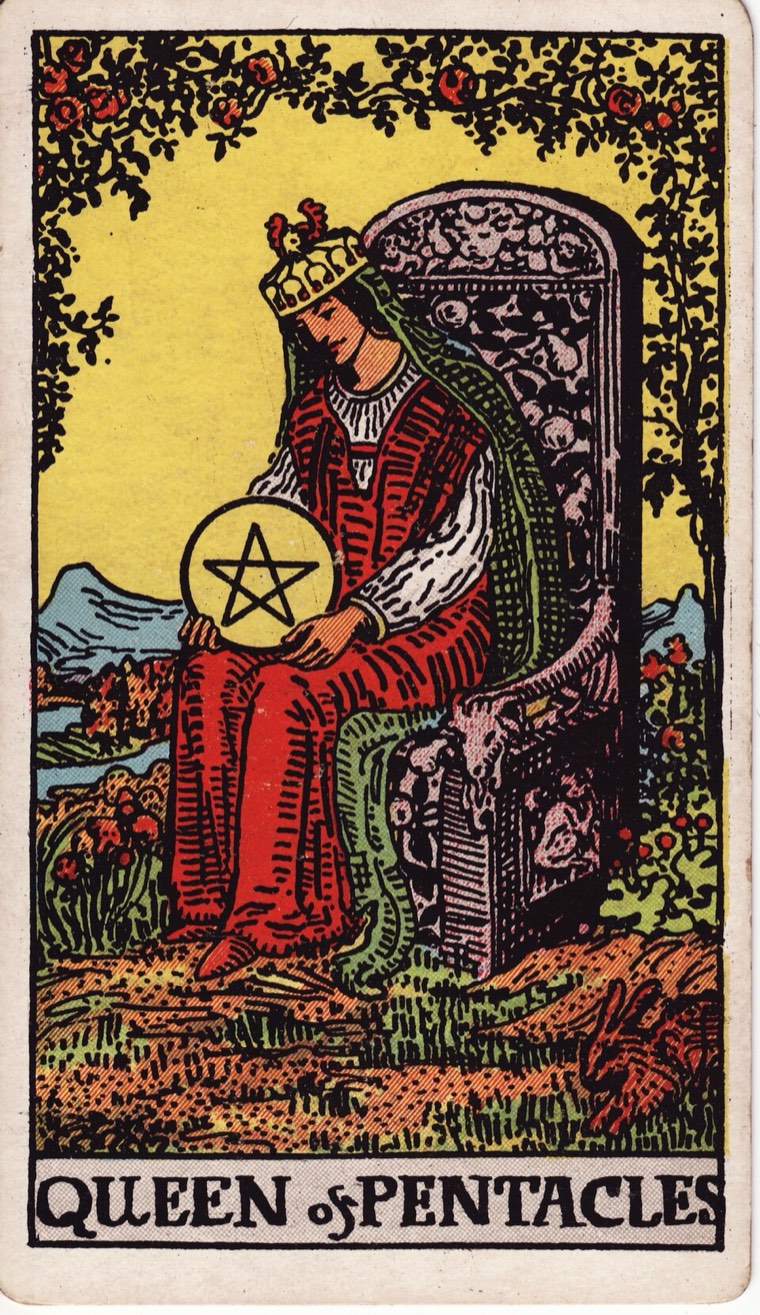 Queen of Pentacles in the Waite–Smith 1909 deck: grounded nurturing authority, one held coin, abundant cultivated nature, protected small life cue
