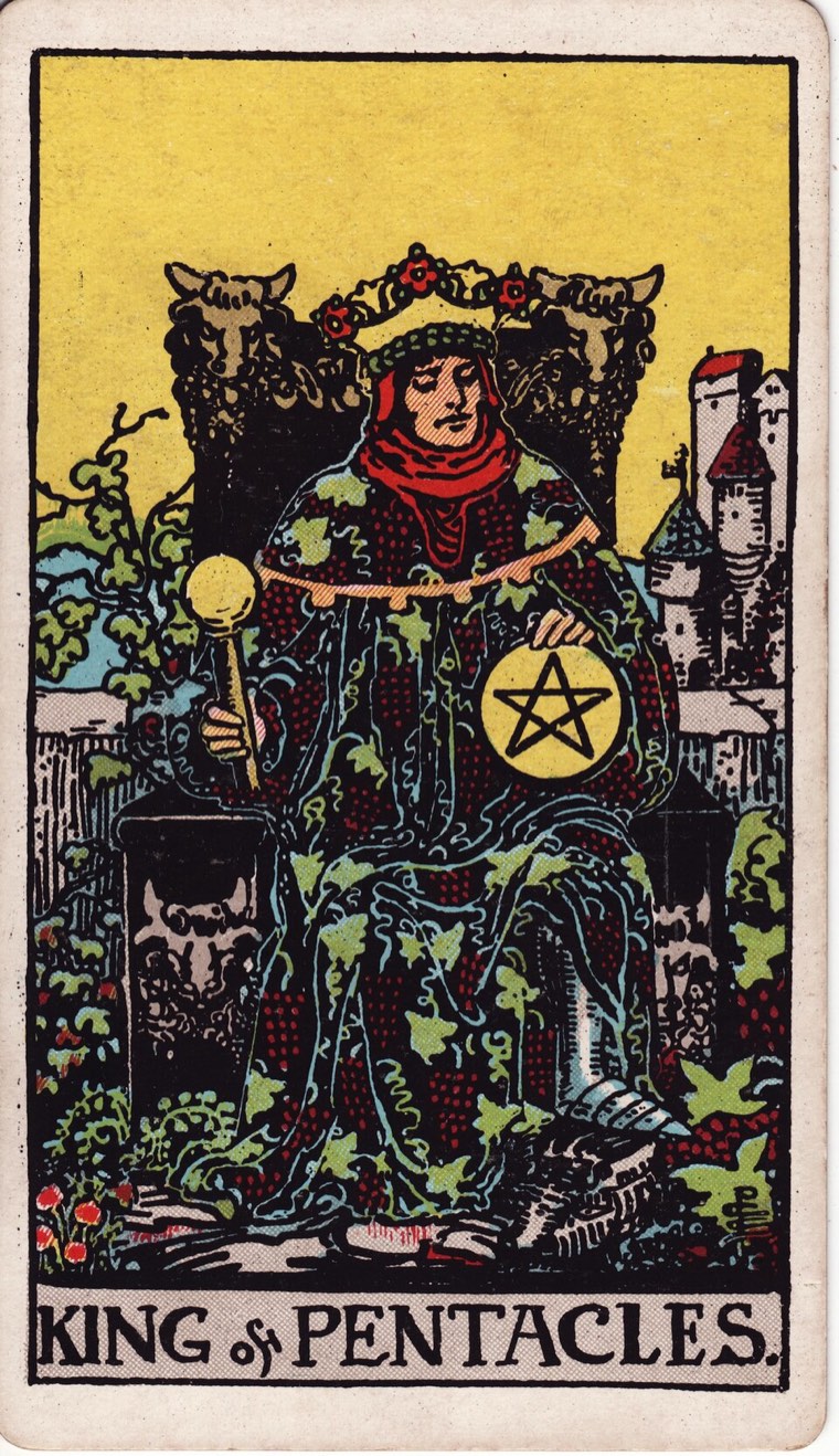 King of Pentacles in the Waite–Smith 1909 deck: established material authority, one held coin, productive abundance, stable built legacy