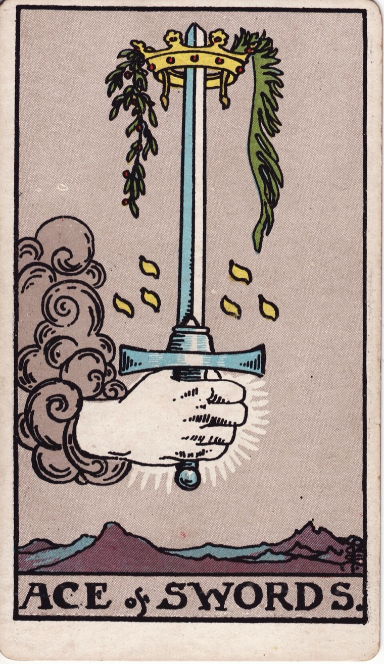 Ace of Swords in the Waite–Smith 1909 deck: one upright offered sword, clear sky-breaking force, crown or victory potential