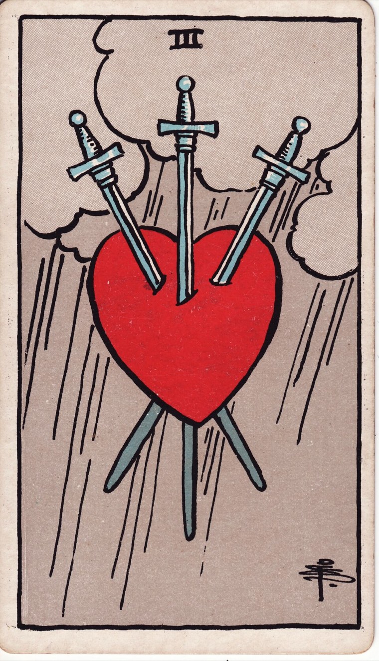 Three of Swords in the Waite–Smith 1909 deck: heart or emotional core pierced by three blades, storm or rain, symbolic clarity without required gore