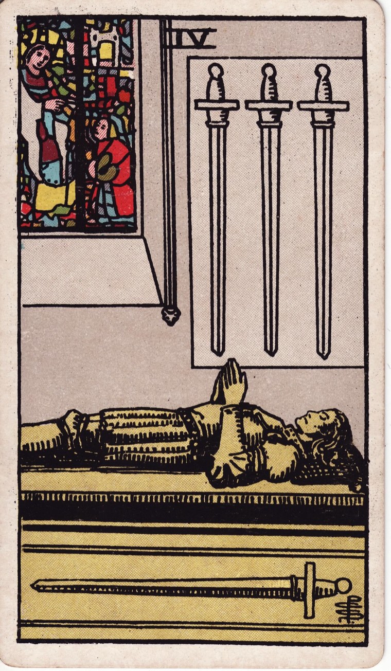 Four of Swords in the Waite–Smith 1909 deck: reclining resting figure, three swords set aside and one retained or equivalent, protected quiet space