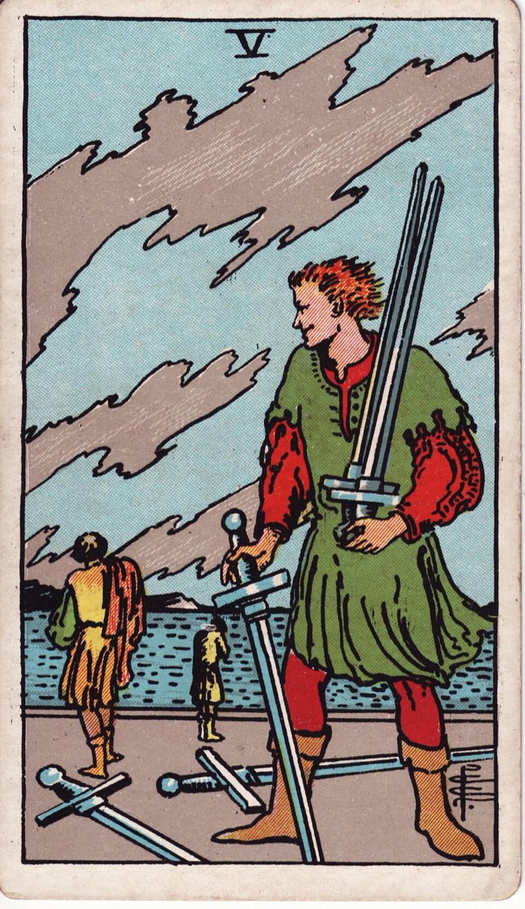 Five of Swords in the Waite–Smith 1909 deck: one apparent victor collecting swords, others withdrawing, damaged social field