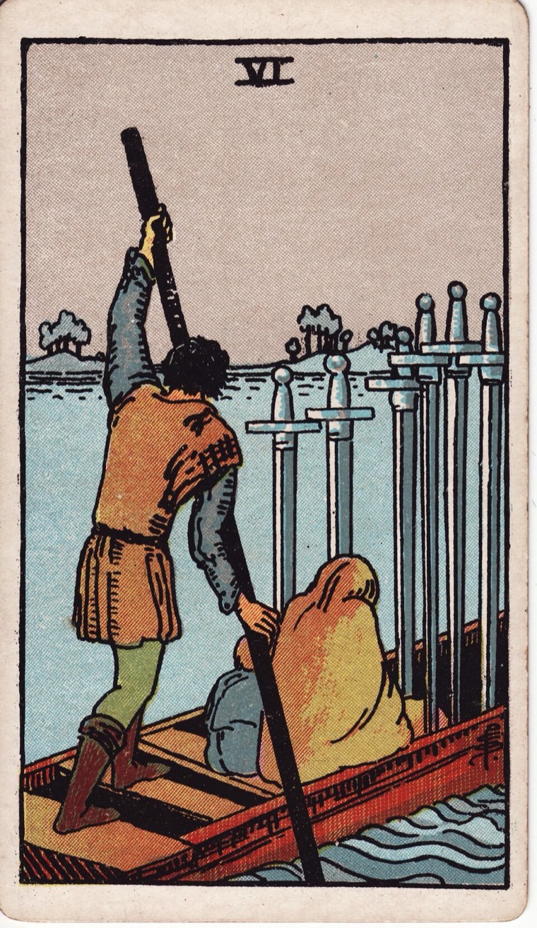 Six of Swords in the Waite–Smith 1909 deck: passage across water or boundary, passengers and guide or guiding force, six swords carried along, rough to calm transition