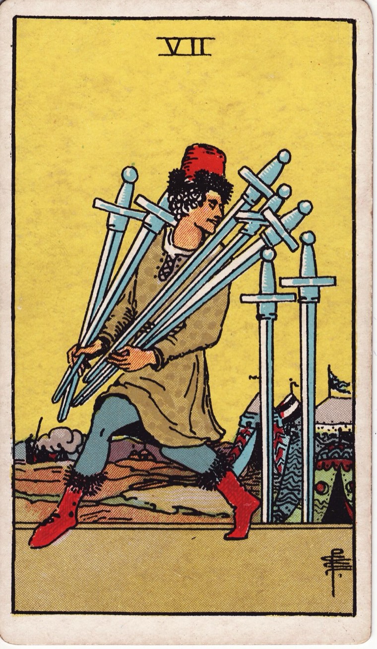 Seven of Swords in the Waite–Smith 1909 deck: figure secretly carrying five swords, two swords left behind, attention toward what may detect them