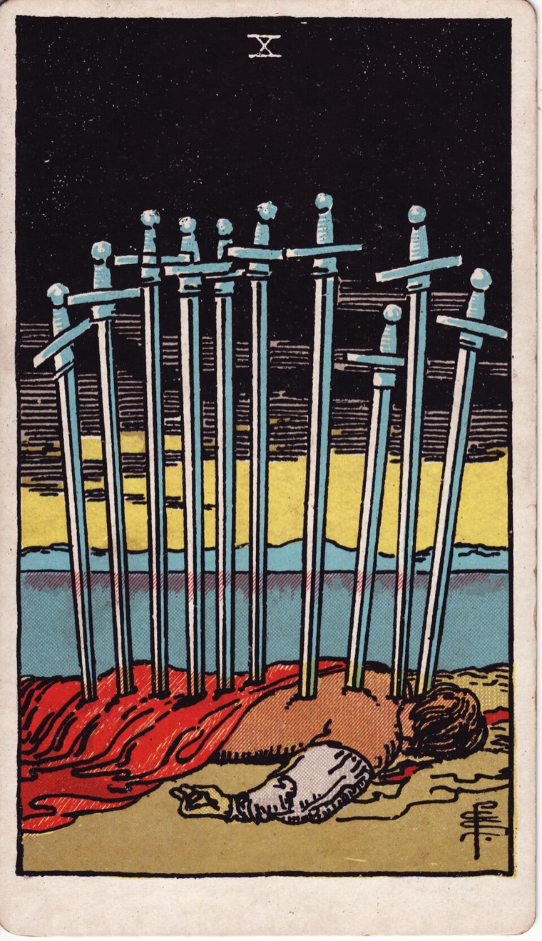 Ten of Swords in the Waite–Smith 1909 deck: fallen figure, ten swords marking complete ending, dawn or calm horizon beyond, symbolic rather than celebratory violence