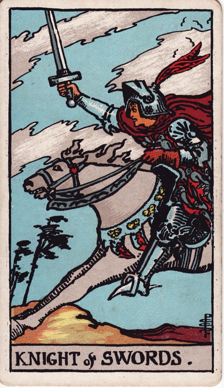 Knight of Swords in the Waite–Smith 1909 deck: mounted or charging agent, one sword, strong forward wind and movement